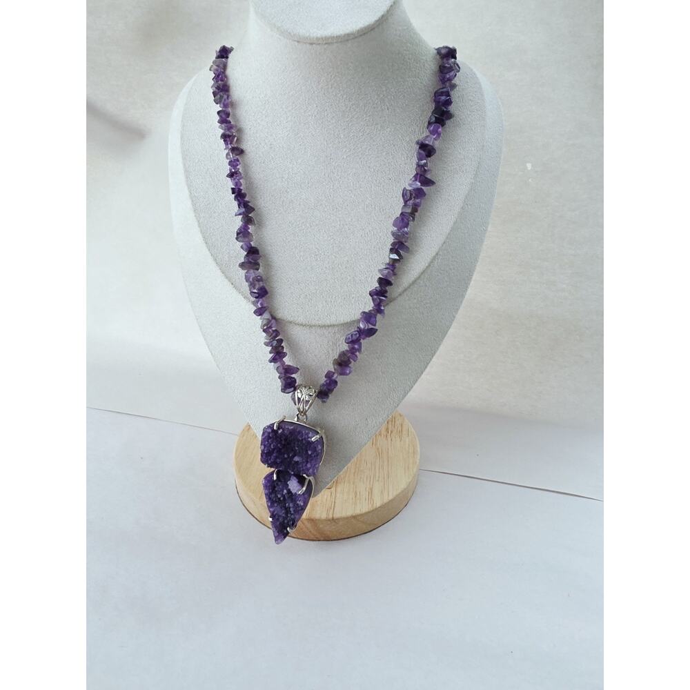 Statement Amethyst Stone Silver Plated Beaded Necklace New Purple Long Festival